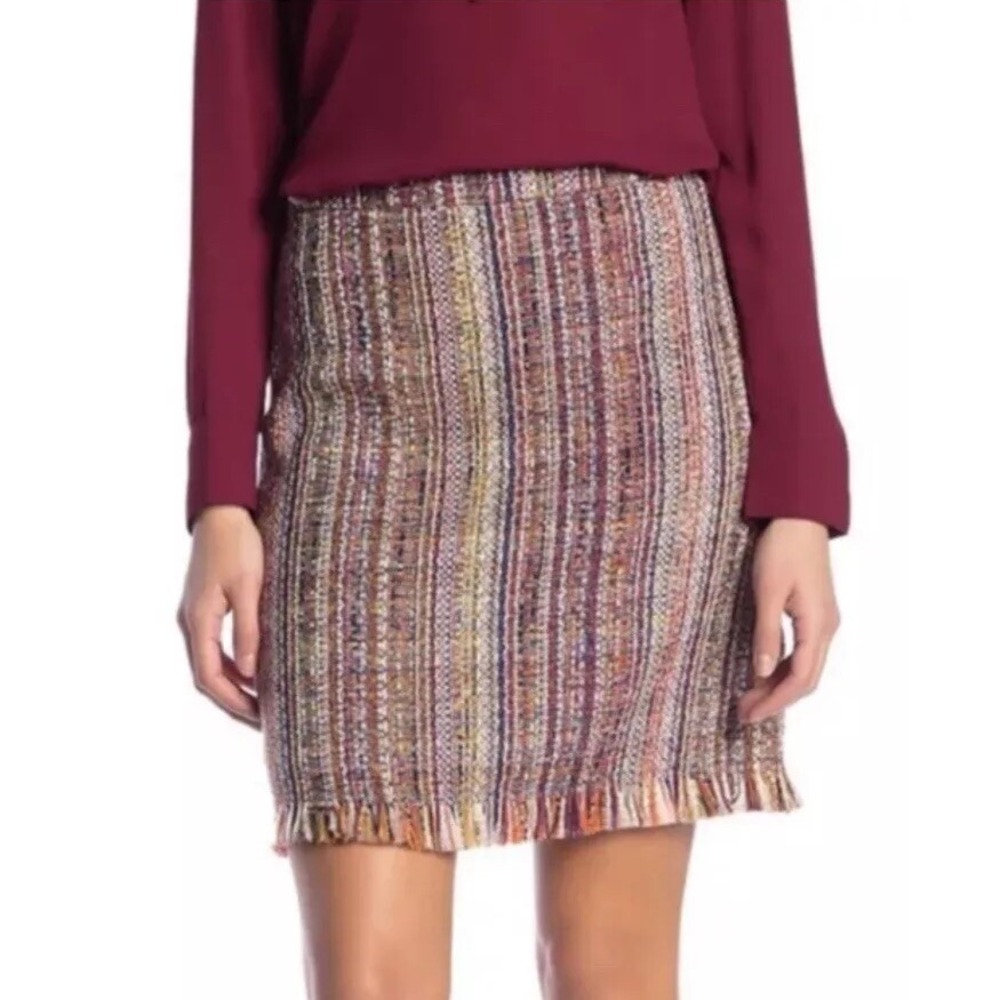 C Malandrino Skirt 6 Academia Tweed Fringe Lined Old Money Burgundy Preppy Chic
